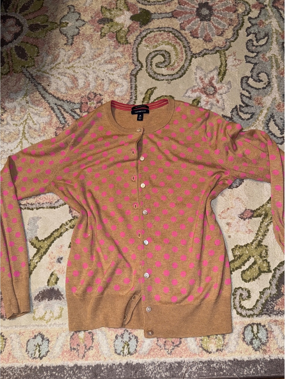 Lands end pink polka dotted cotton cardigan